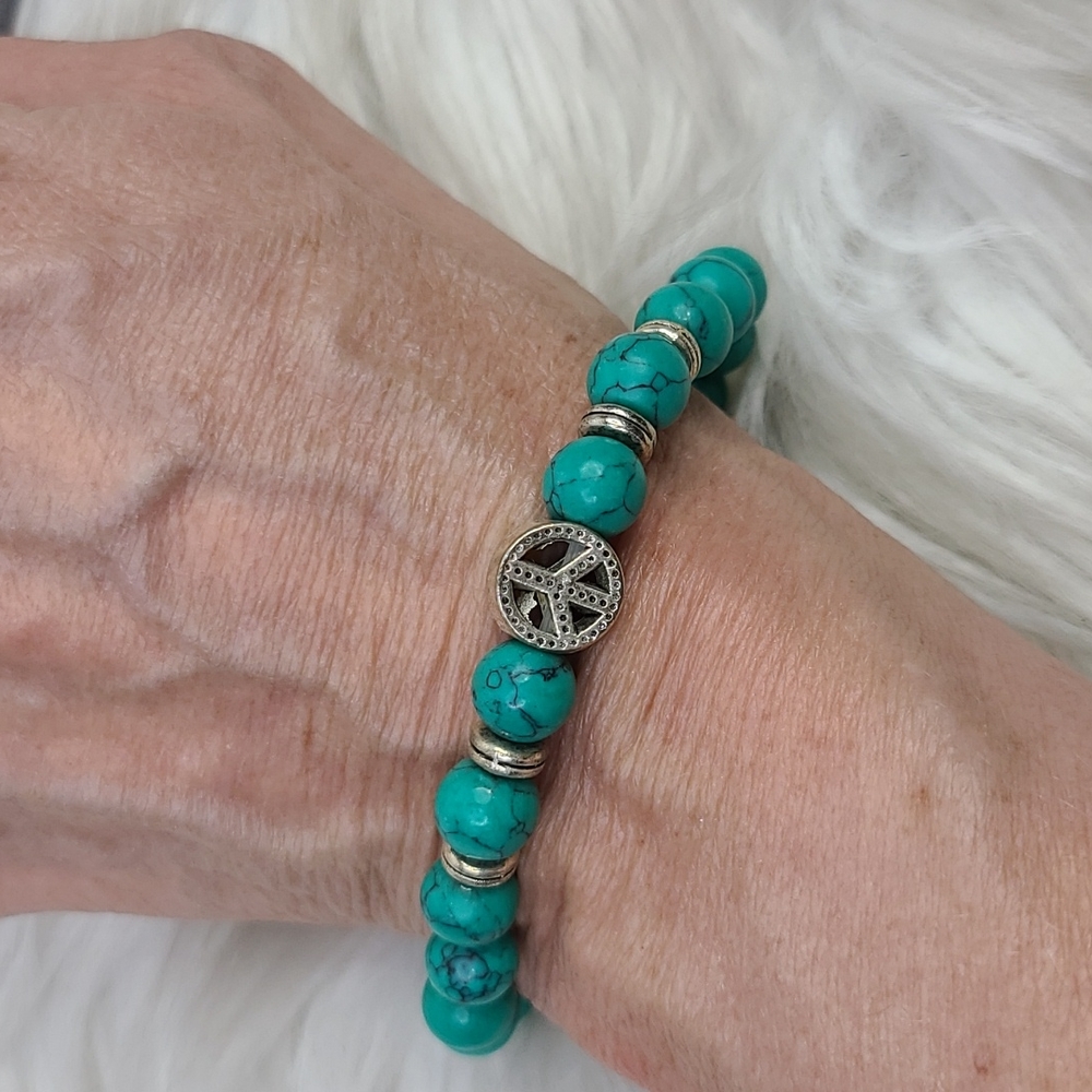 Stretch Bracelet PEACE Silver Tone Turquoise Green Beads Unisex Gift Jewelry Fun - Picture 4 of 4